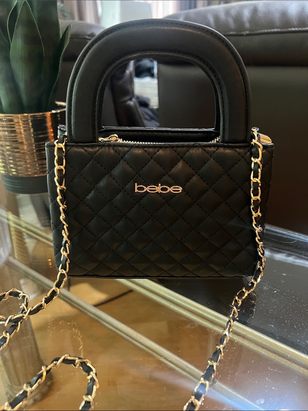 bebe Quilted Mini Top-Handle Bag in Black with Gold Hardware